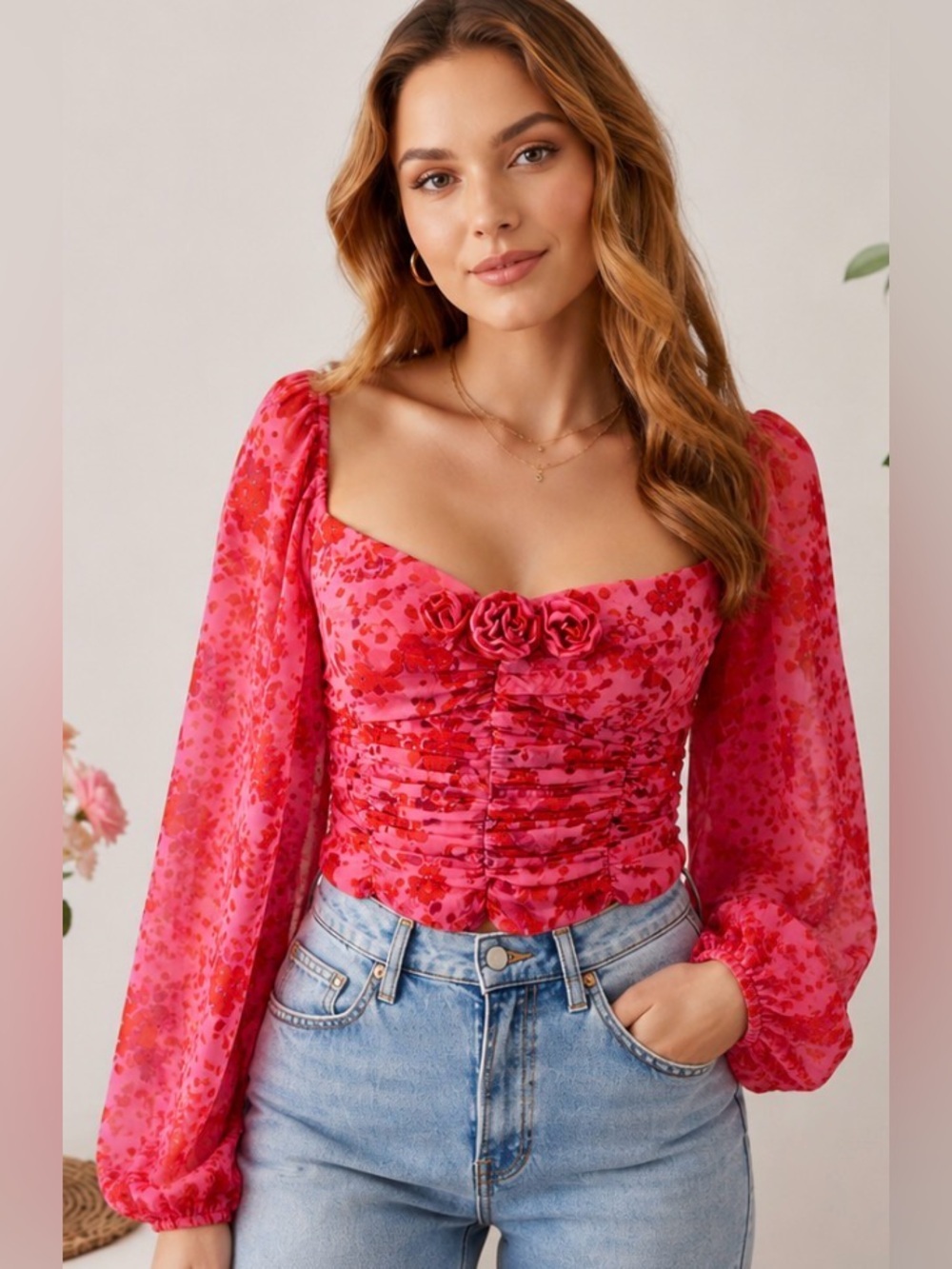 FREE PEOPLE FOREVER FEMME Oh La La TOP SMALL PINK FLORAL RUCHED PUFF SLEEVE